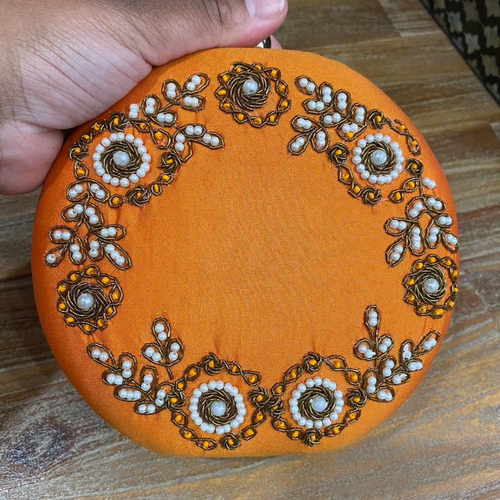 Round Box Clutch with Floral Embroidery